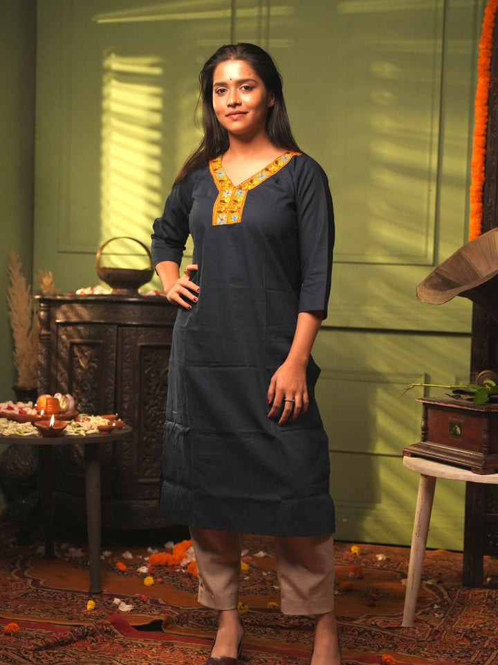 Dark Blue Kantha Cotton Kurta | SHOBITAM