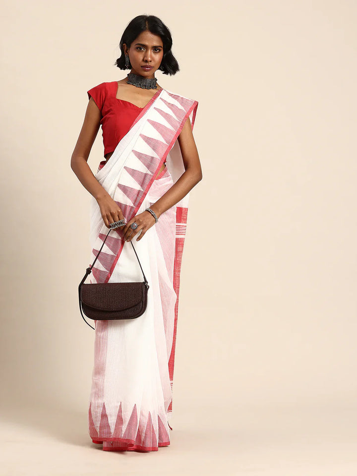 White-Red Silk Cotton Saree with Temple Border and Blouse piece