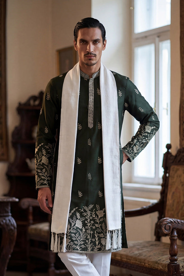 Men Olive Chanderi Silk Solid Embroidered Straight Kurta Trouser with Dupatta  | SHOBITAM