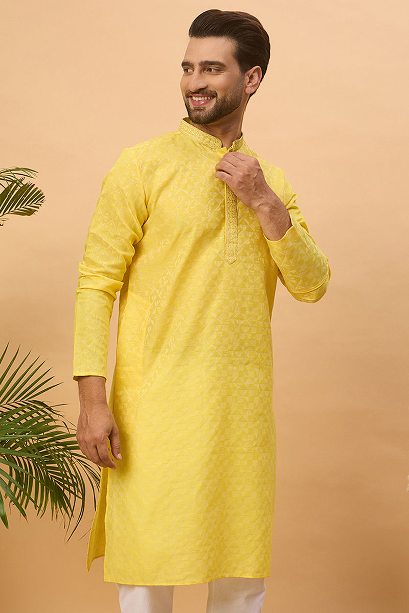 Yellow Silk Blend Solid Embroidered Straight Kurta  | SHOBITAM
