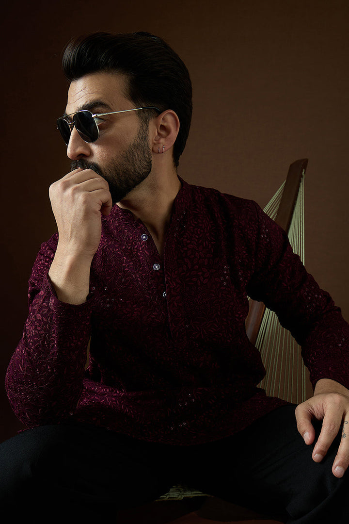 Wine Georgette Solid Embroidered Straight Kurta For Men | SHOBITAM