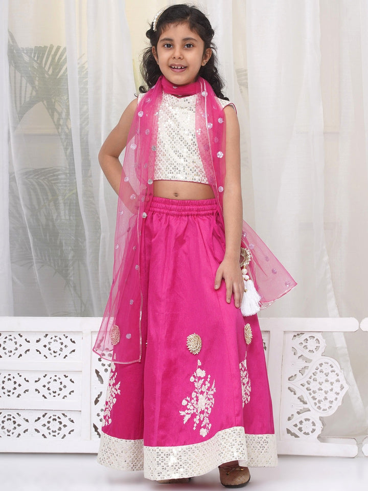 Girls Semi-Silk Brocade Kali Work Lehenga with Floral Thread Work & Sequin work Sleeveless Blouse with Dupatta - Hot Pink | SHOBITAM