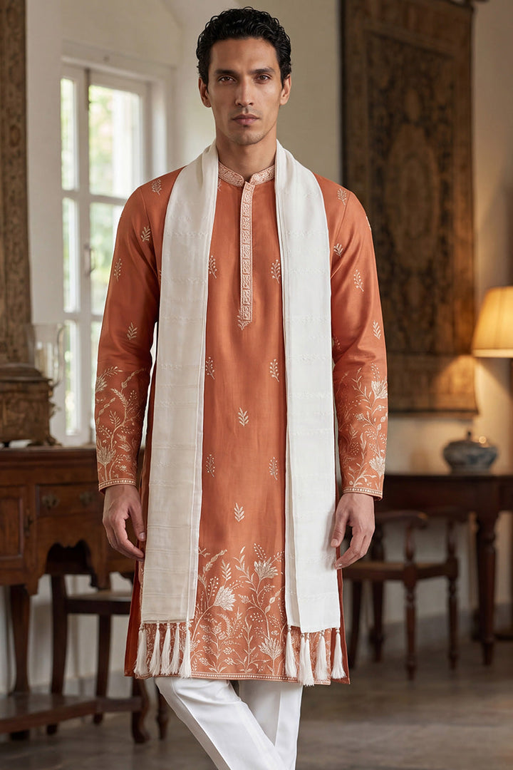 Men Peach Vartican Solid Embroidered Straight Kurta Sets  | SHOBITAM