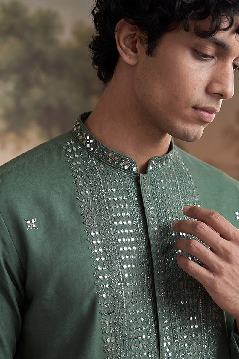 Mens Green Silk Blend Solid Emboidered Sequins Kurta With Trouser | SHOBITAM