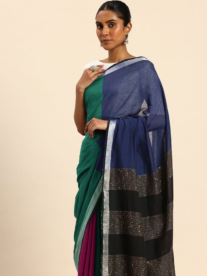 Green, Magenta & Blue Handloom Cotton Sequins Saree | SHOBITAM