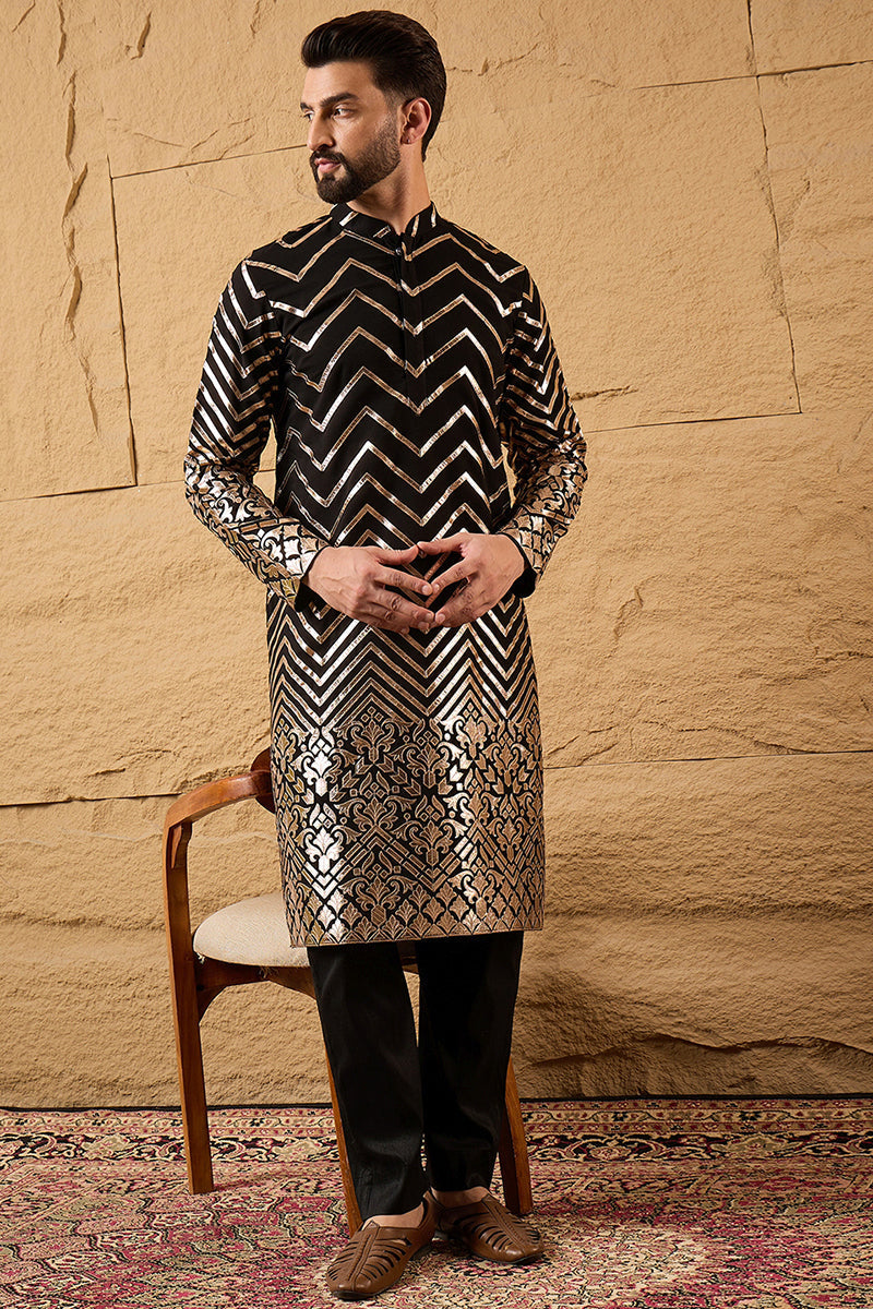 Black Georgette Solid Embroidered Straight Kurta with Trouser  | SHOBITAM