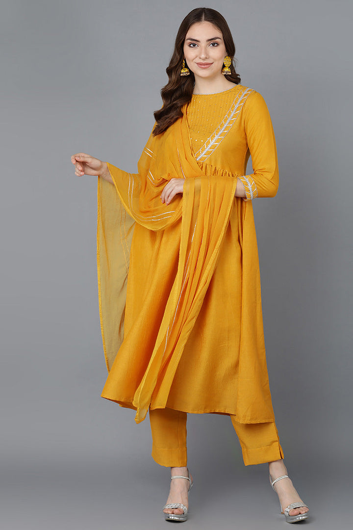 Mustard Poly Silk Flared Suit Set | SHOBITAM