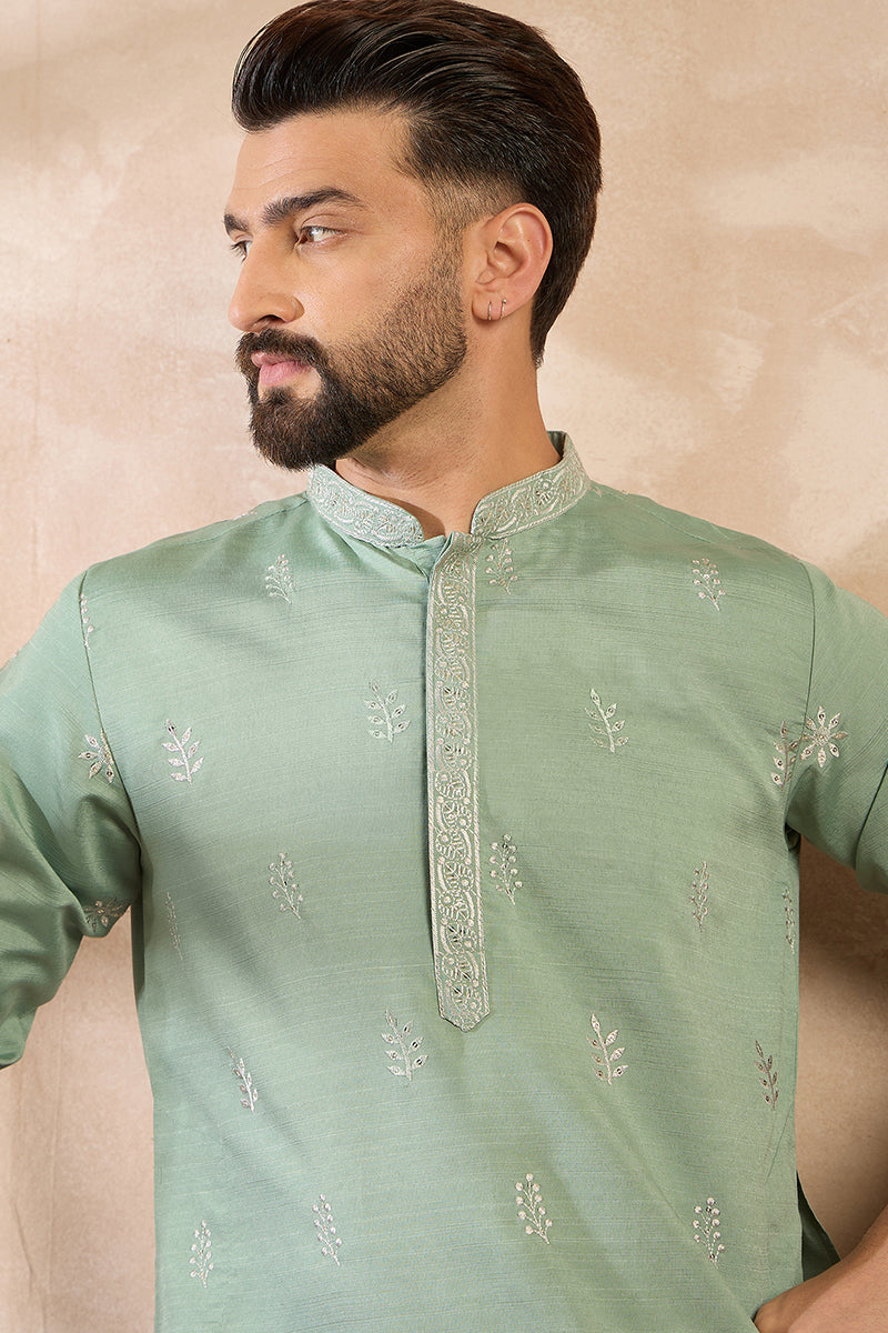 Green Silk Blend Solid Embroidered Straight Kurta With Trouser | SHOBITAM