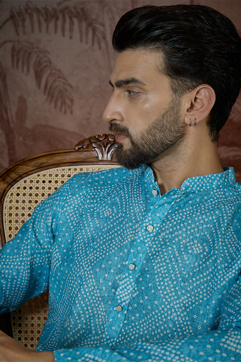 Mens Blue Linen Bandhani Print Regular Kurta With Trouser | SHOBITAM