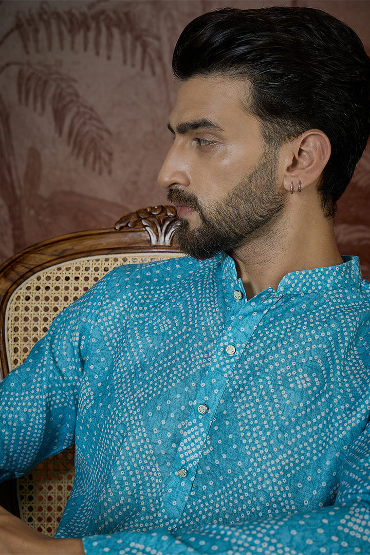 Mens Blue Linen Bandhani Print Regular Kurta With Trouser | SHOBITAM