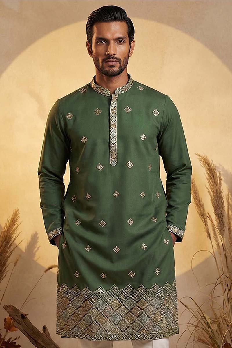 Silk Blend Green Solid Embroidered Calf Length Straight Kurta | SHOBITAM