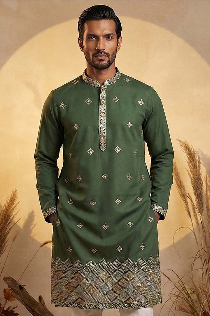 Silk Blend Green Solid Embroidered Calf Length Straight Kurta | SHOBITAM