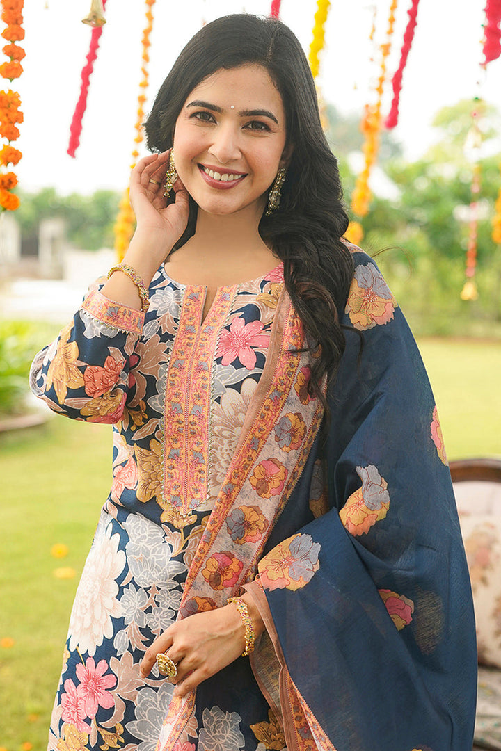 Blue Cotton Blend Floral Printed Straight Kurta Trousers With Dupatta | SHOBITAM