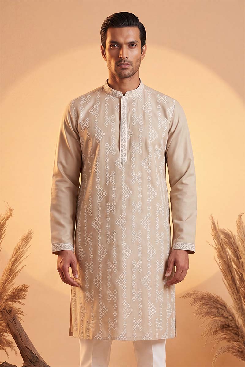 Mens Beige Silk Blend Solid Embroidered Kurta With Trousers  | SHOBITAM