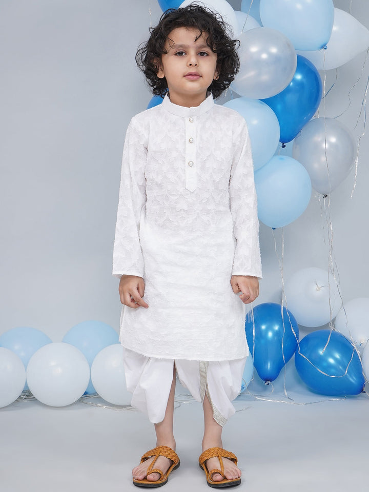 Boys Cotton Full Sleeves Self Weaving Kurta with Dhoti and Pearl Buttons - White | SHOBITAM