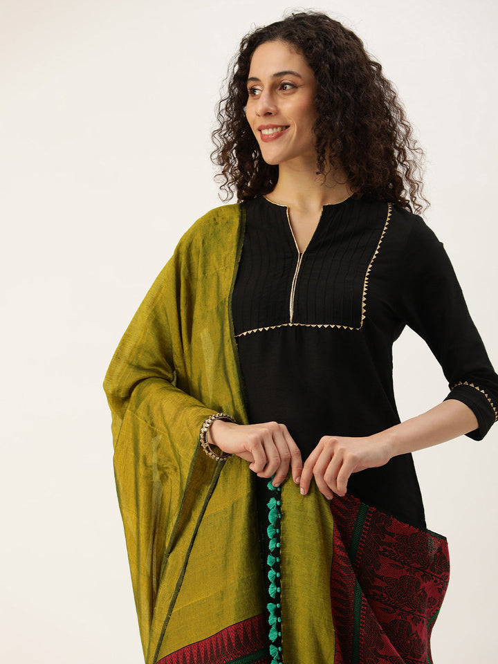 Mustard Magenta Baluchari Silk cotton Dupatta | SHOBITAM