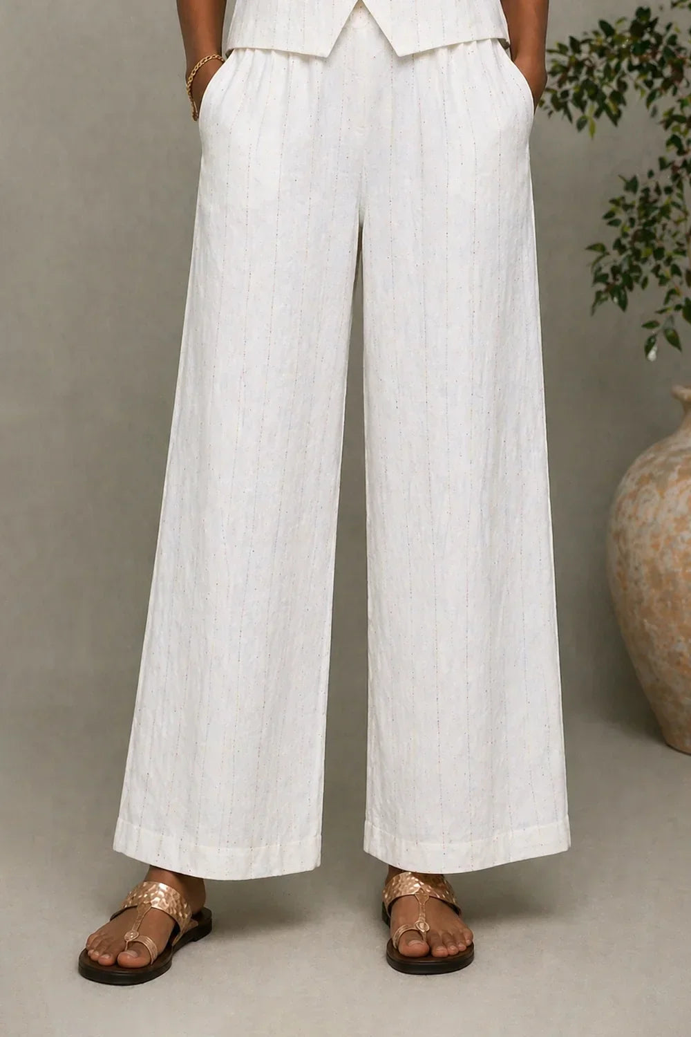 Ivory Cotton Co-ord Set with Button-Down Top & Wide-Leg Pants | SHOBITAM