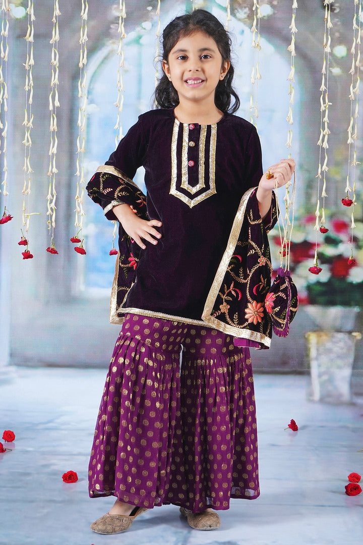Girls Velvet Kurta with Banarsi Sharara and Embroided Dupatta with Potli | SHOBITAM