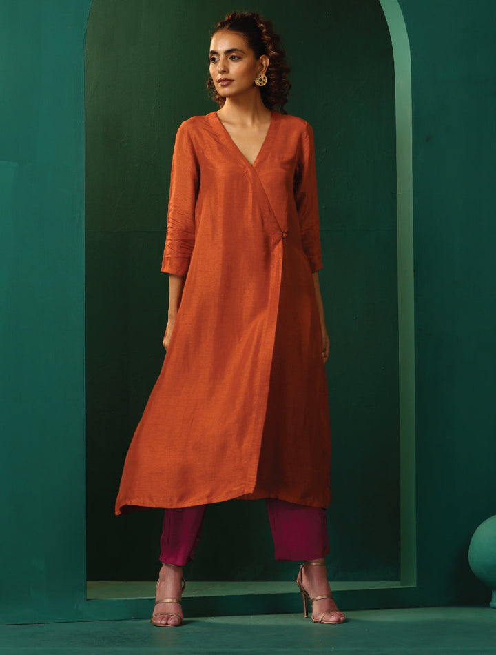 Rust Silk Angrakha Kurta Pant Set | SHOBITAM