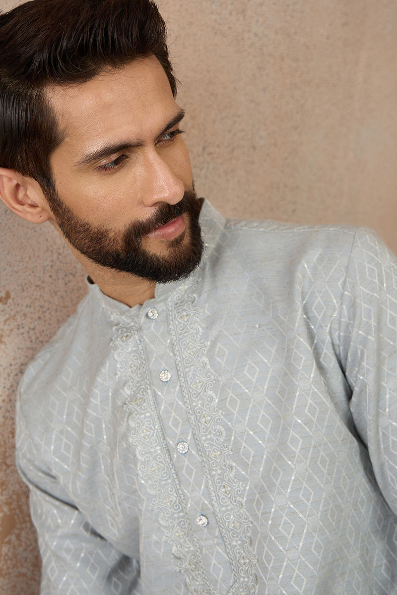 Mens Blue Linen Self Design Embroidered Kurta With Trouser | SHOBITAM