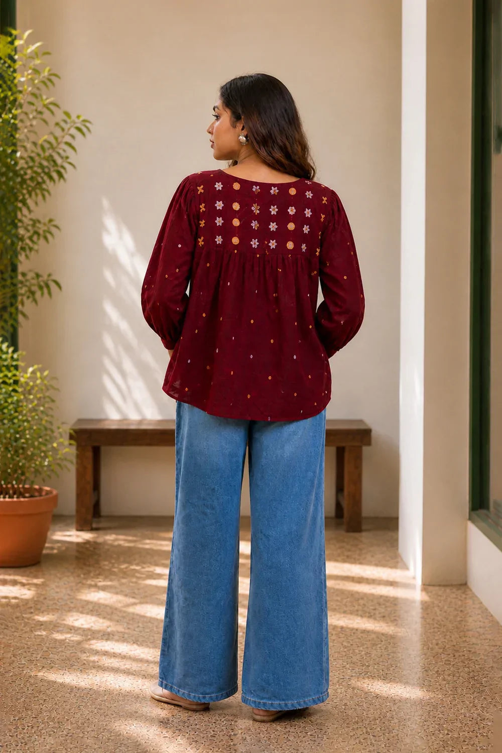 Amara Wine Jamdani Top | SHOBITAM