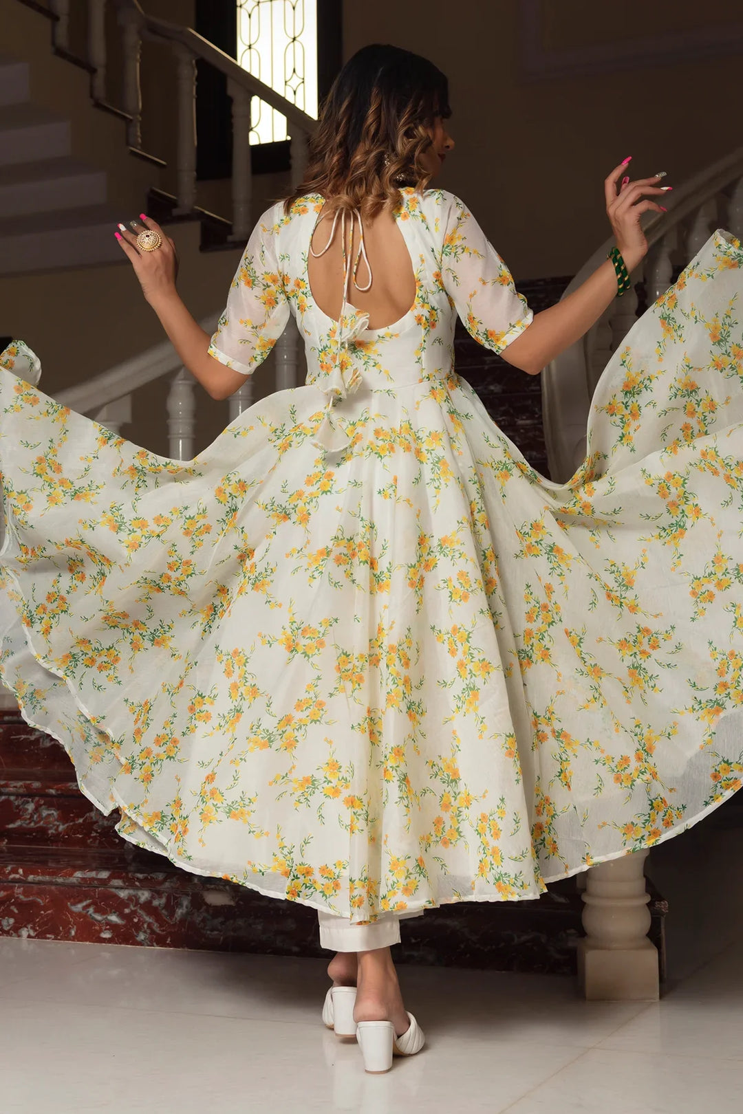 YELLOW PHOOL ORGANZA ANARKALI SET | SHOBITAM