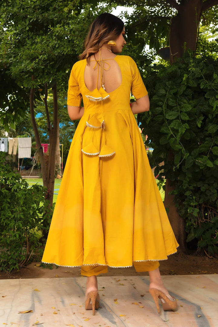 ROSEMARRY YELLOW COTTON ANARKALI SET | SHOBITAM