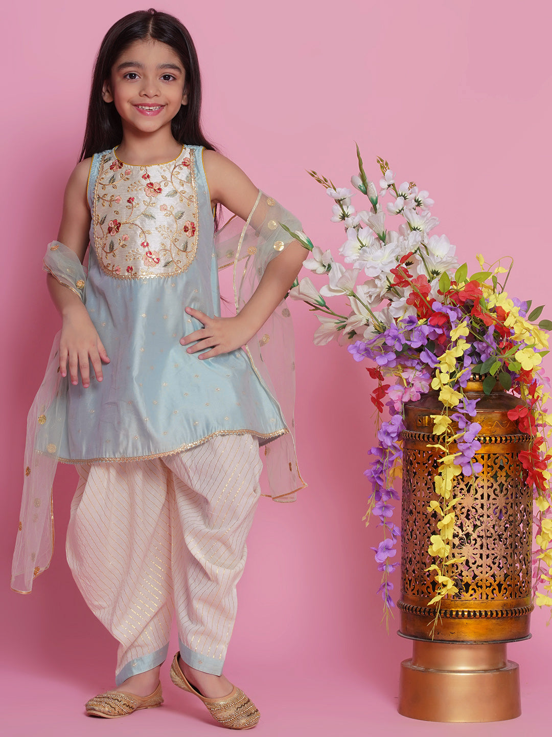 Chanderi Silk Floral Kurta with Dhoti Salwar & Dupatta - Dolphin Blue | SHOBITAM