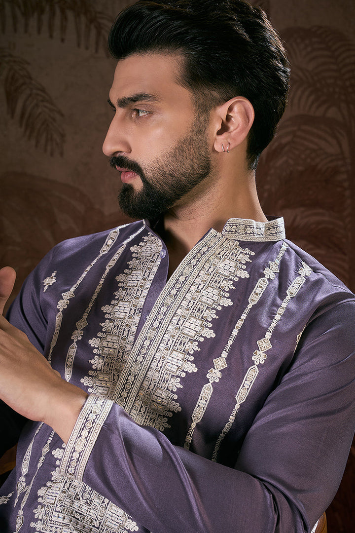 Lavender Silk Blend Solid Embroidered Straight Kurta | SHOBITAM