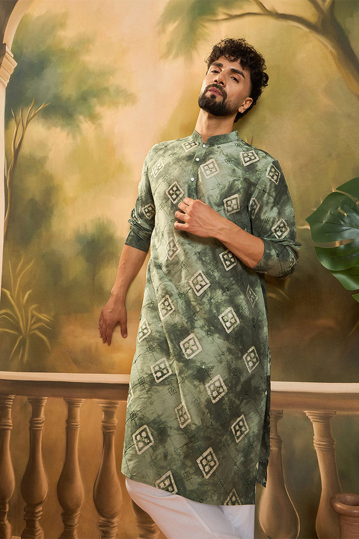 Green Silk Blend Batik Embroidered Straight Kurta with Trouser | SHOBITAM