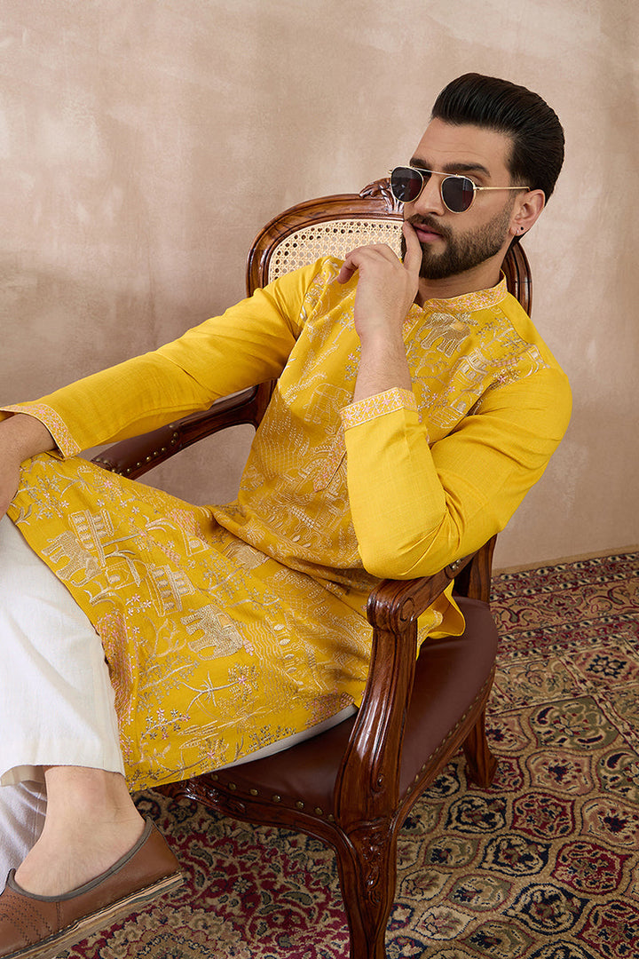 Yellow Silk Blend Embroidered Mandarin Collar Straight Kurta | SHOBITAM
