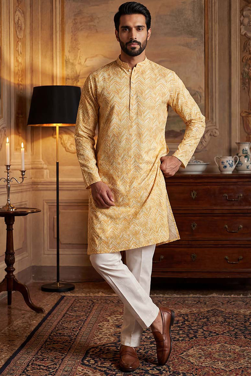 Yellow Linen Printed Straight Kurta With Trousers | SHOBITAM