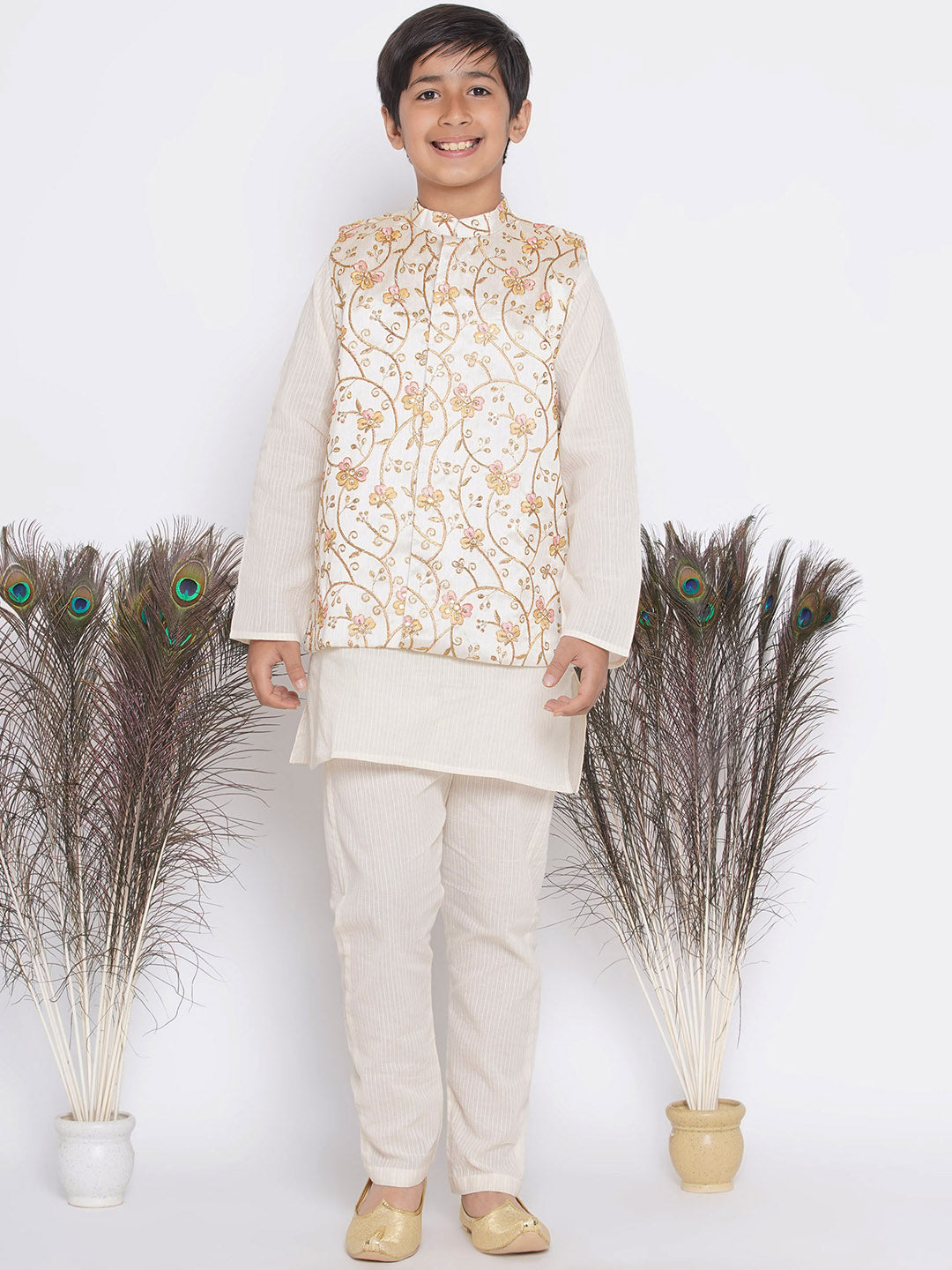 Orange Pink Floral Embroidery Jacket with Cotton Kantha kurta and Kantha Pyjama | SHOBITAM