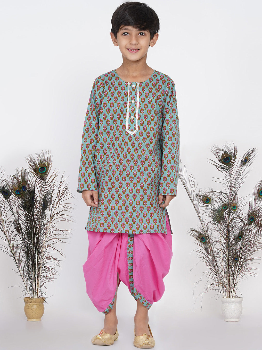 Boys Floral Kurta with Pearl Buttons and Dhoti in Blue and Pink  | SHOBITAM