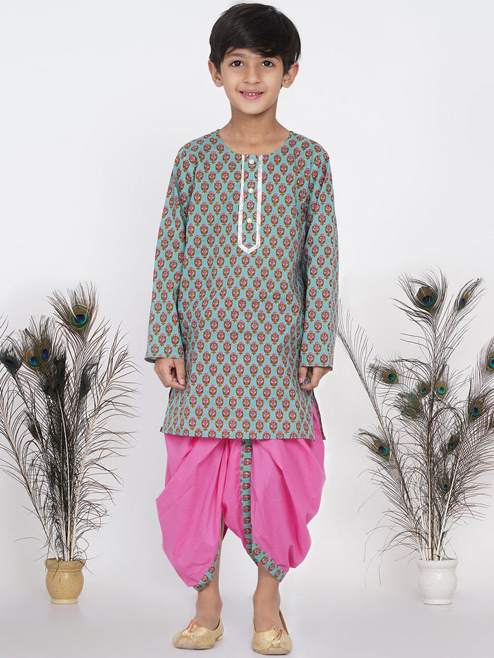 Boys Floral Kurta with Pearl Buttons and Dhoti in Blue and Pink  | SHOBITAM