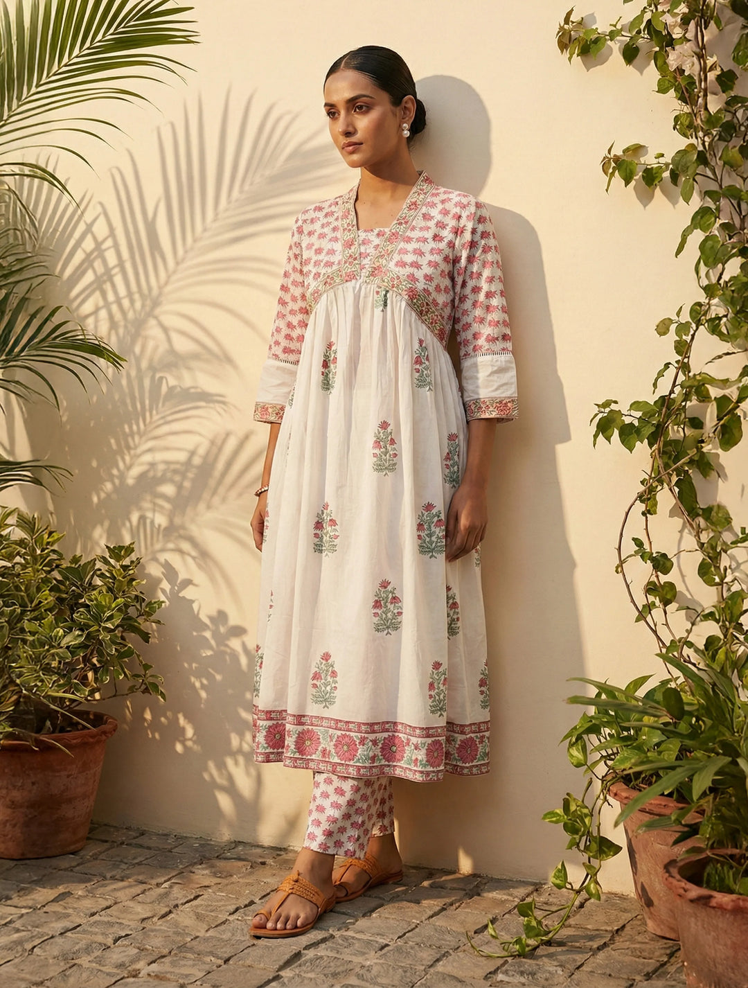 White Pink Boota Print Anarkali Kurta Pant Dupatta Set | SHOBITAM