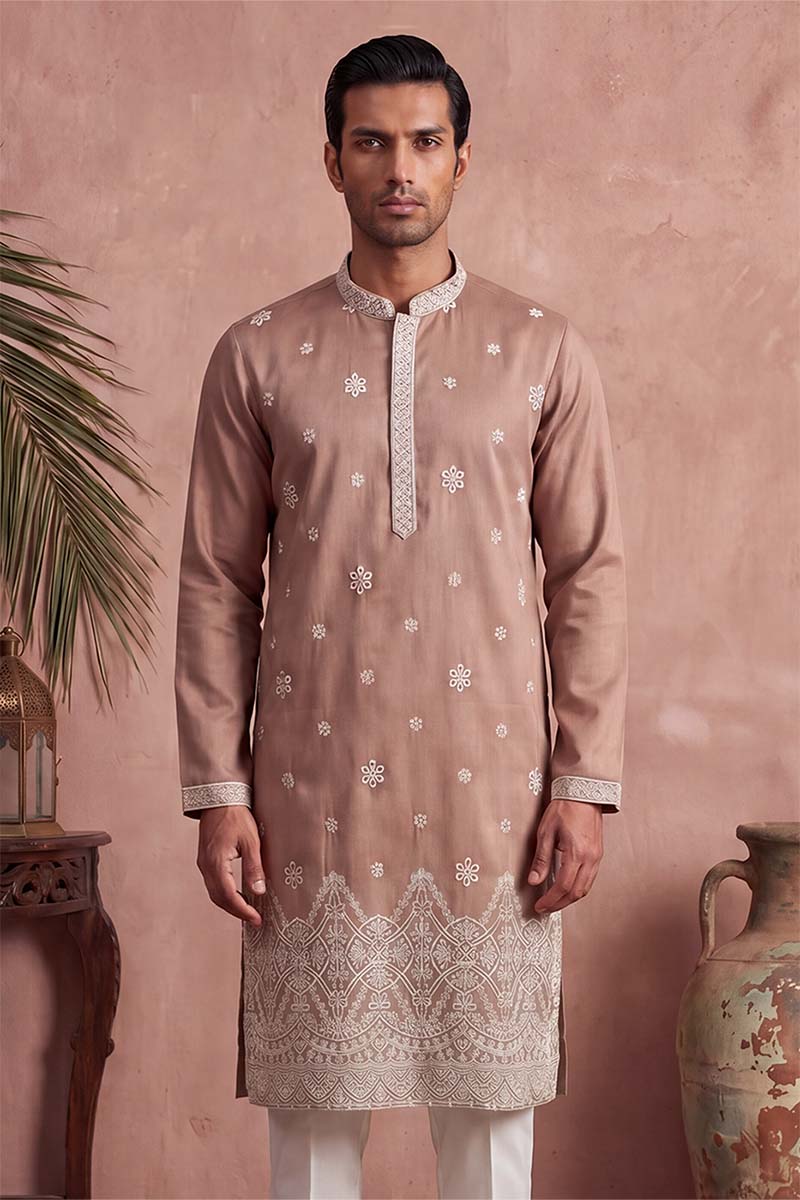 Mens Pink Silk Blend Solid Embroidered Kurta With Trousers | SHOBITAM