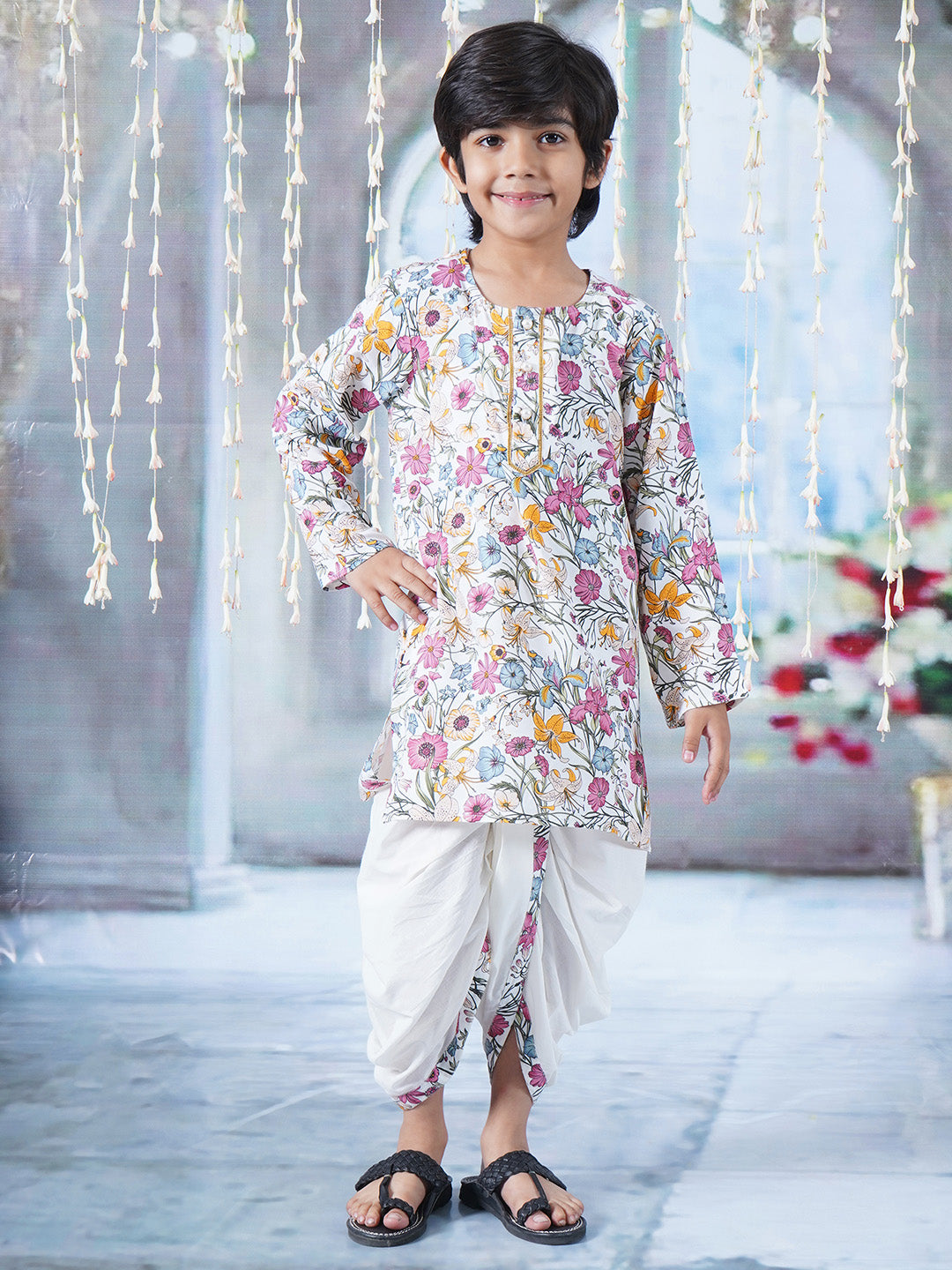 Boys Cotton Full Sleeves Kurta Dhoti with Garden Guldaudi Floral Print and Pearl Buttons - Off White | SHOBITAM
