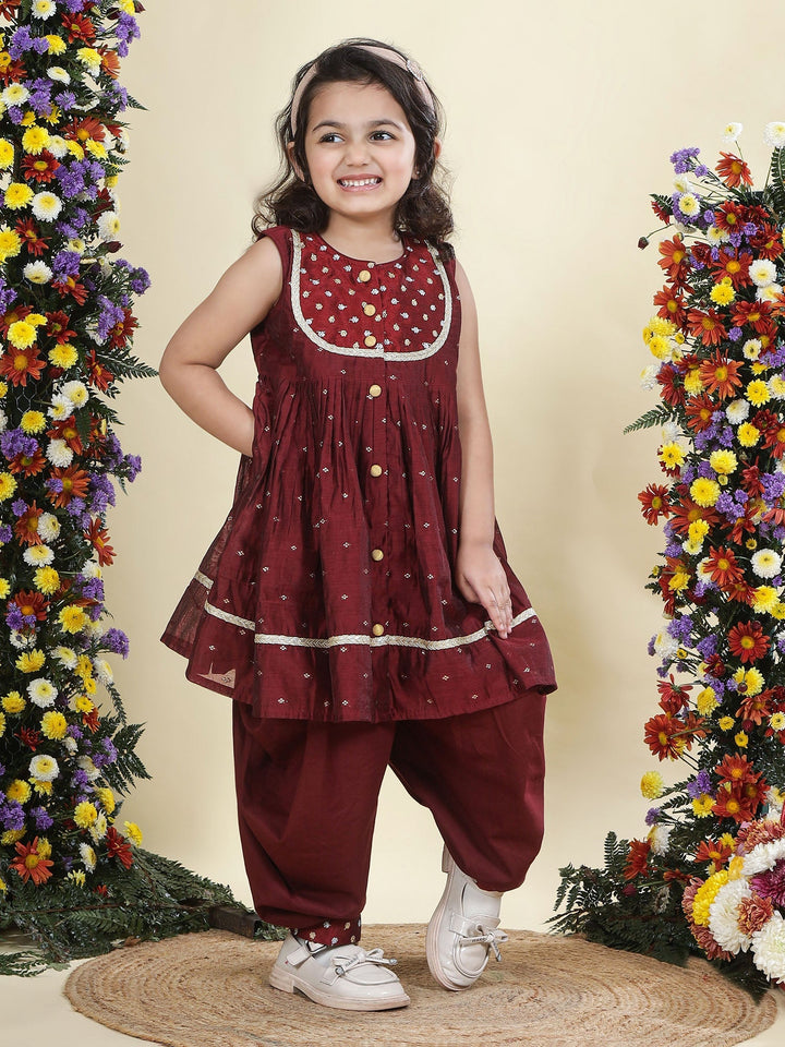 Maroon Chanderi Semi-Silk Embroidered Kurta with Cotton Salwar Set | Shobitam