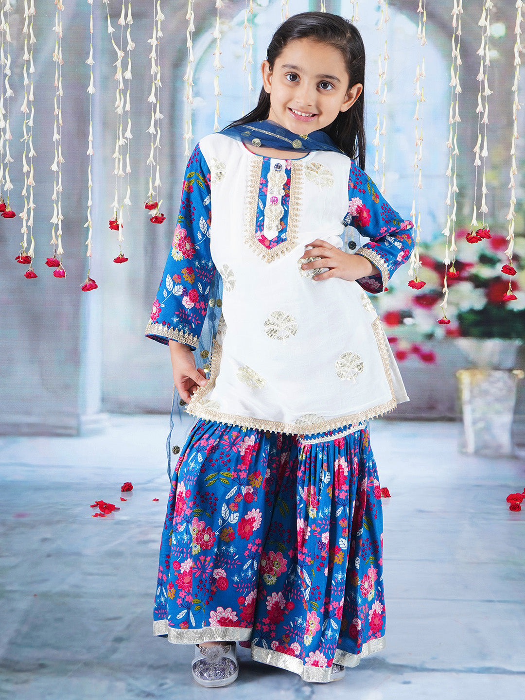 Girls Cotton Full Sleeves Kurta Sharara and Dupatta with Floral Print, Floral Embroidery, Lace & Rajasthani Lac Work - White &  Blue | SHOBITAM