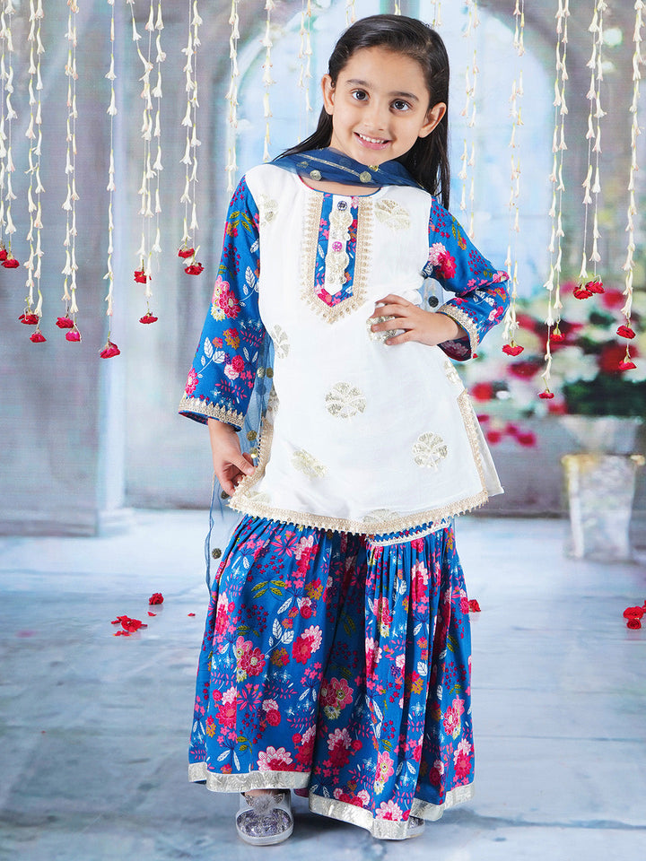 Girls Cotton Full Sleeves Kurta Sharara and Dupatta with Floral Print, Floral Embroidery, Lace & Rajasthani Lac Work - White &  Blue | SHOBITAM