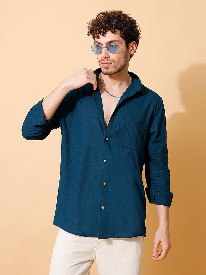 Men Handloom Cotton Solid Shirt, in Dark Blue