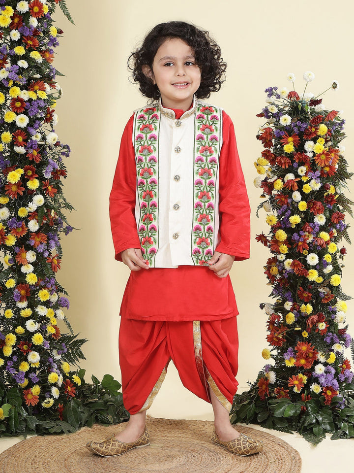 Floral Embroidery Mulberry Nehru Jacket with Red Cotton Kurta Dhoti Set | SHOBITAM