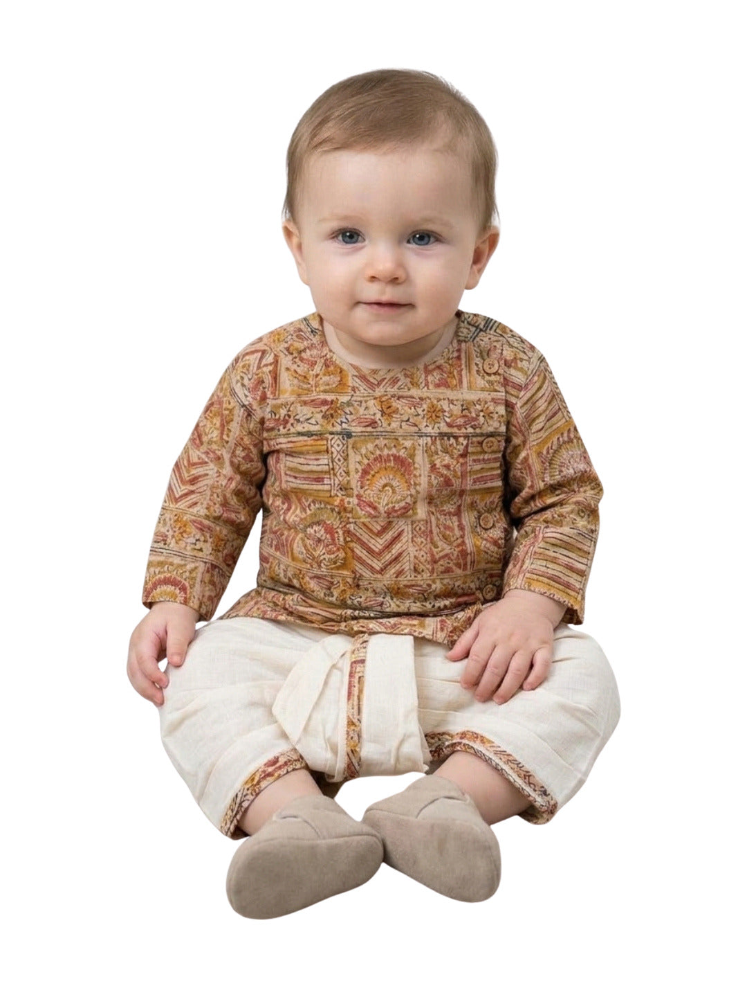 Boys Beige Ethnic Printed Cotton Angrakha Style Dhoti Set | SHOBITAM