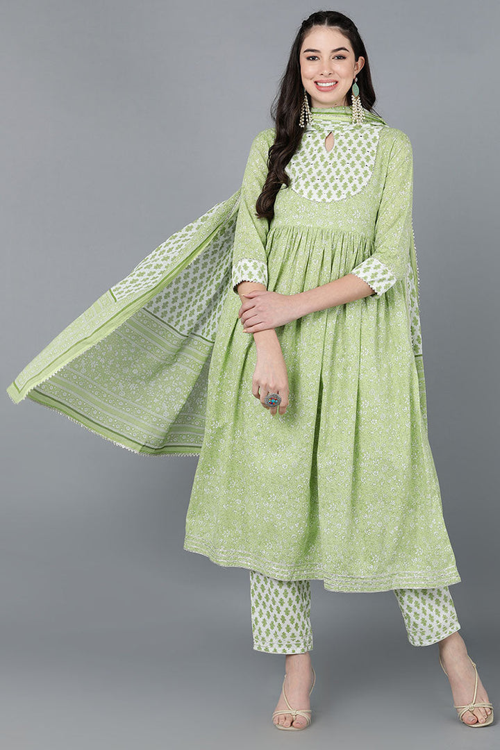Light Green Cotton Flared Kurta Pant With Dupatta   | SHOBITAM