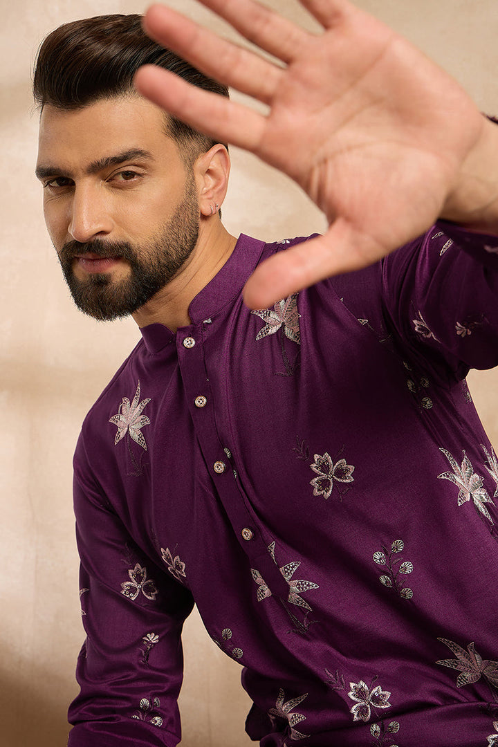 Purple Polyester Solid Embroidered Straight Kurta With Trouser | SHOBITAM