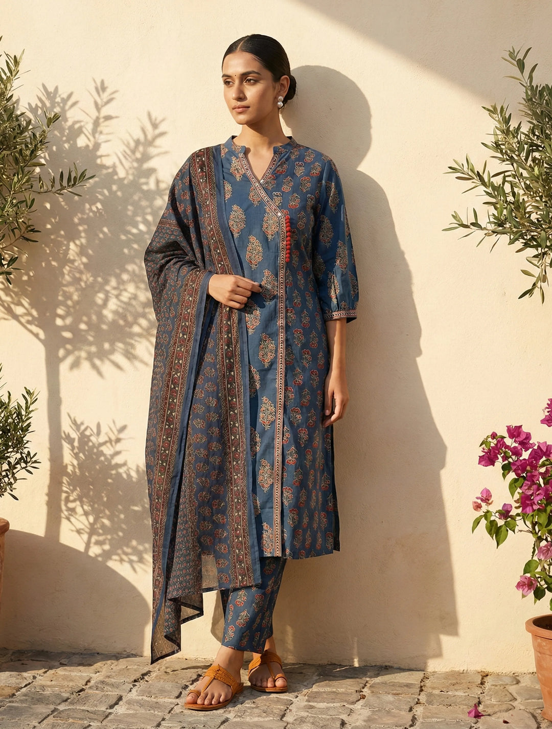 Blue Boota Print Angrakha Kurta Pant Dupatta Set | SHOBITAM