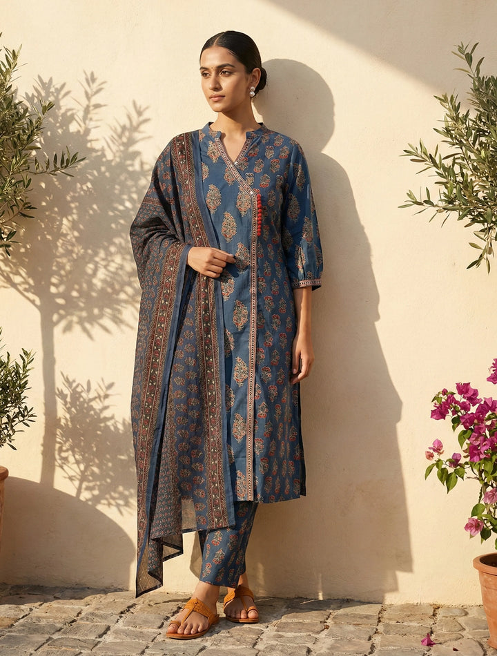 Blue Boota Print Angrakha Kurta Pant Dupatta Set | SHOBITAM
