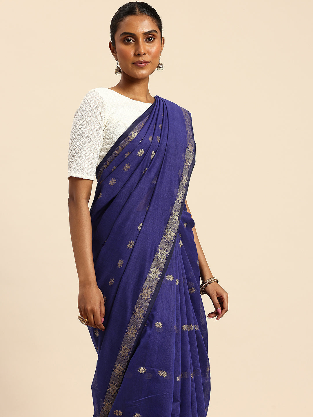 Blue & Red Zari Buti Silk Cotton Saree with blouse piece | SHOBITAM