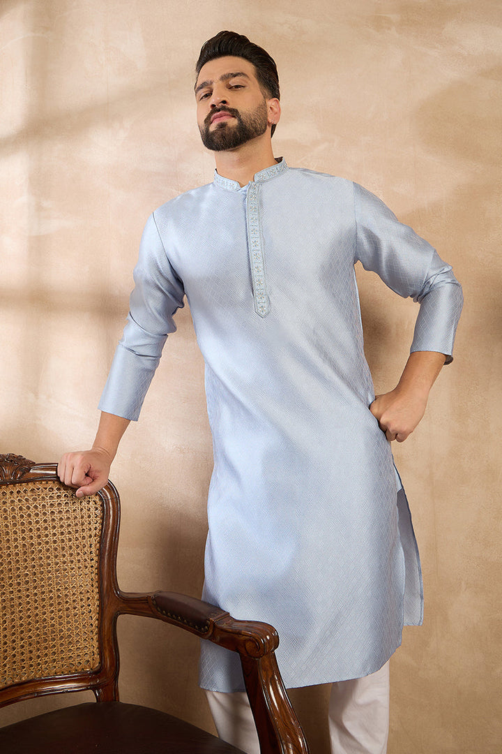 Blue Polyester Solid Embroidered Straight Kurta With Trouser For Men | SHOBITAM